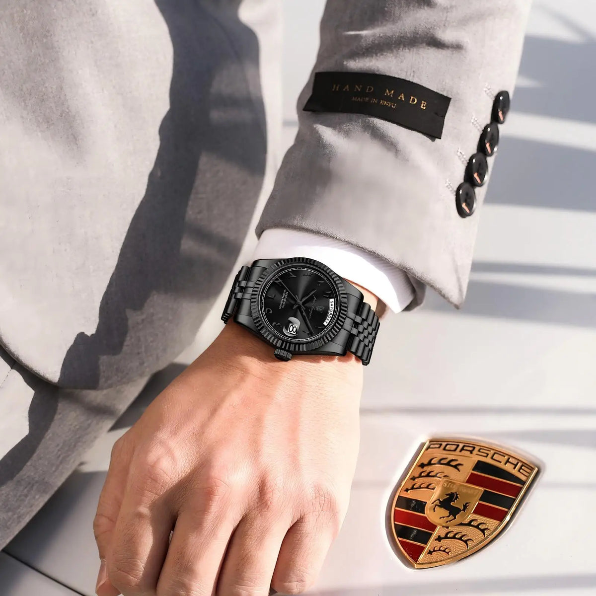 POEDAGAR 845 Montre Homme Luxe Noir Stainless Steel Waterproof Quartz Watch Date Day Business Wristwatch