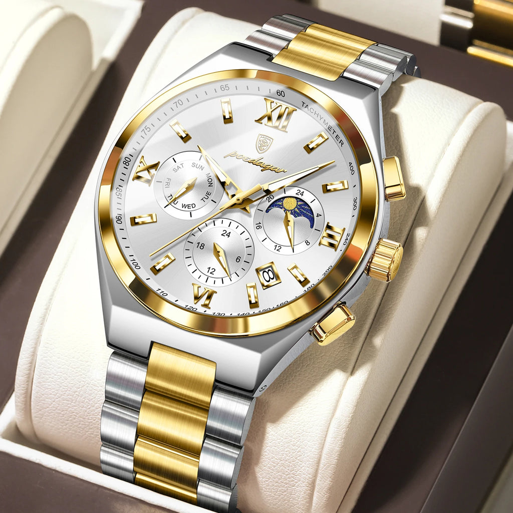 Poedagar 688 Men's Quartz Watch Business Luminous Wristwatch Montre Homme Waterproof Chronograph Stainless Steel Watch for Men