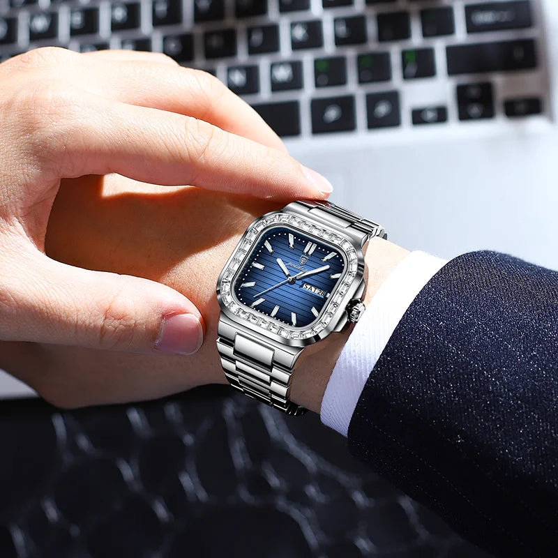 Poedagar New Arrival Waterproof Luxury Square Quartz Watch Luminous Stainless Steel Watch for Men