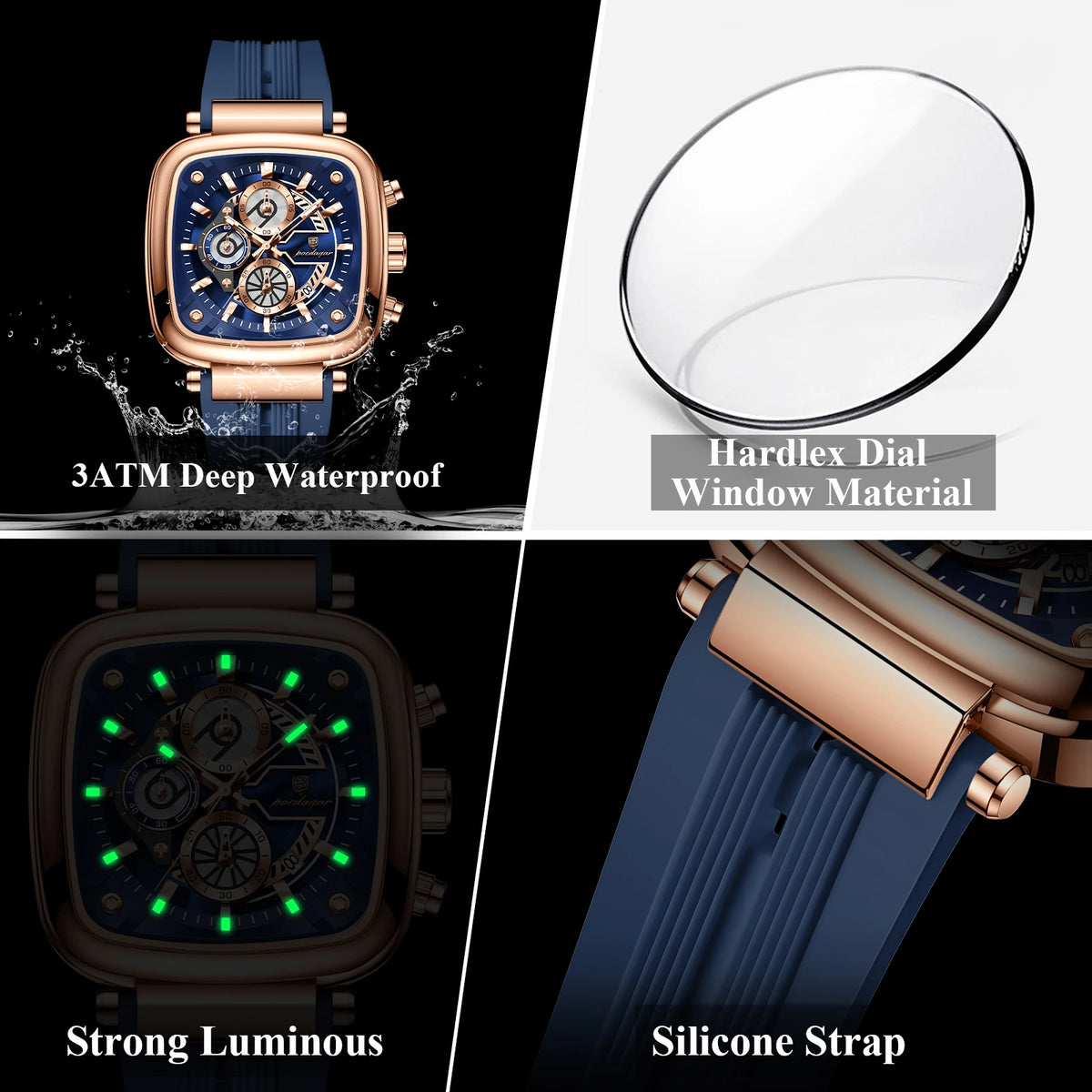 POEDAGAR 849 Men's Quartz Chronograph Watch 3ATM Waterproof Square Case Silicone Strap Fashion Sport Wristwatch