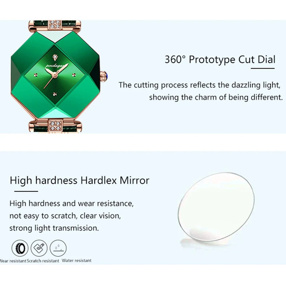 Poedagar Women Fashion Green Leather Watches Elegant Diamond Luxury Quartz Ladies Wristwatch Waterproof Watch for Womens Opp Bag