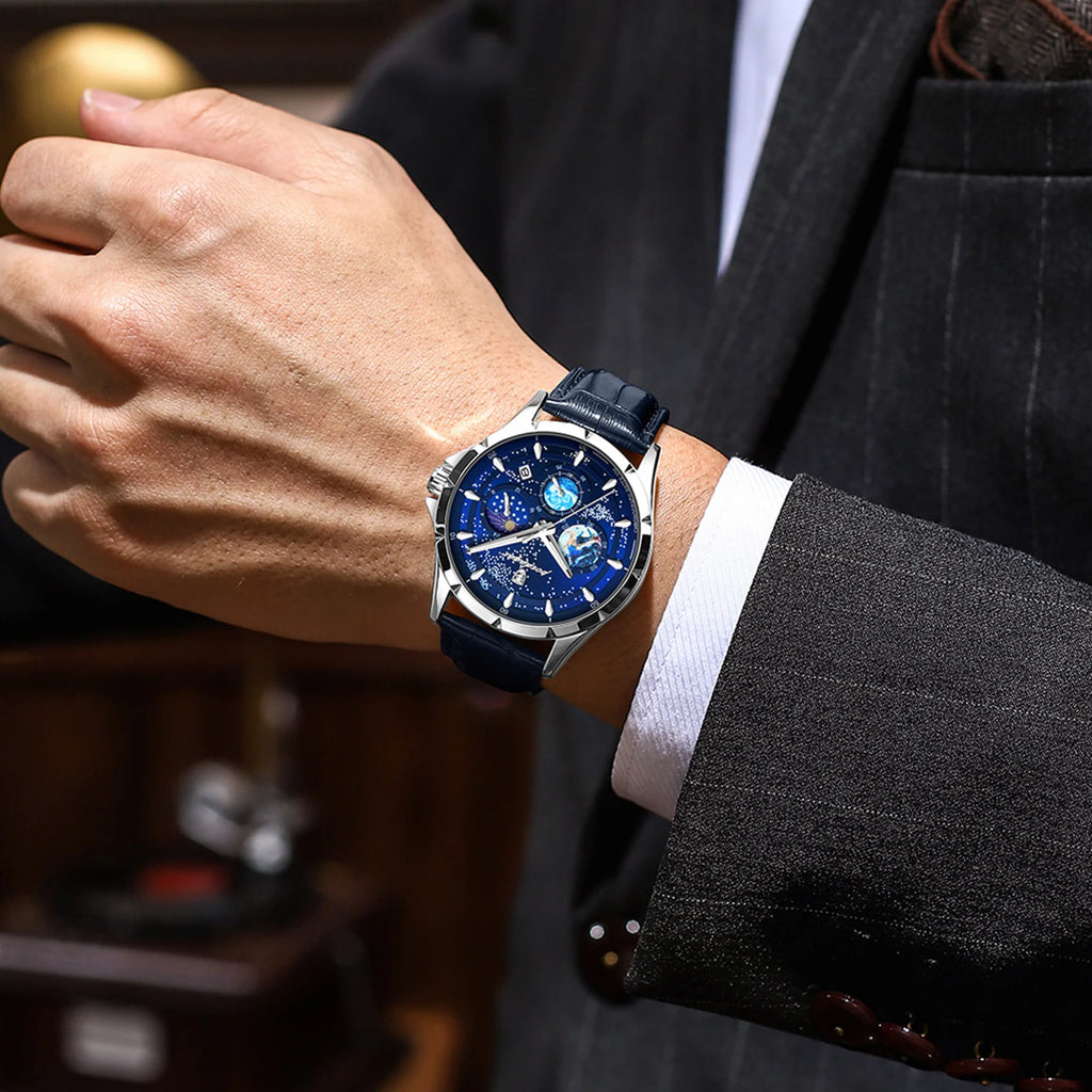 Poedarar New Luxury Fashion Starry Sky Dial Men Quartz Watches Waterproof Luminous Leather Watch for Men