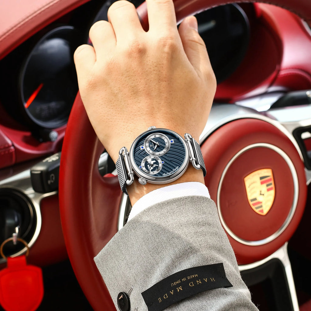 Poedagar 848 Men's Formal Quartz Watch Dual Time Zone Mesh Stainless Steel Luminous 3ATM Waterproof Business Montre Homme