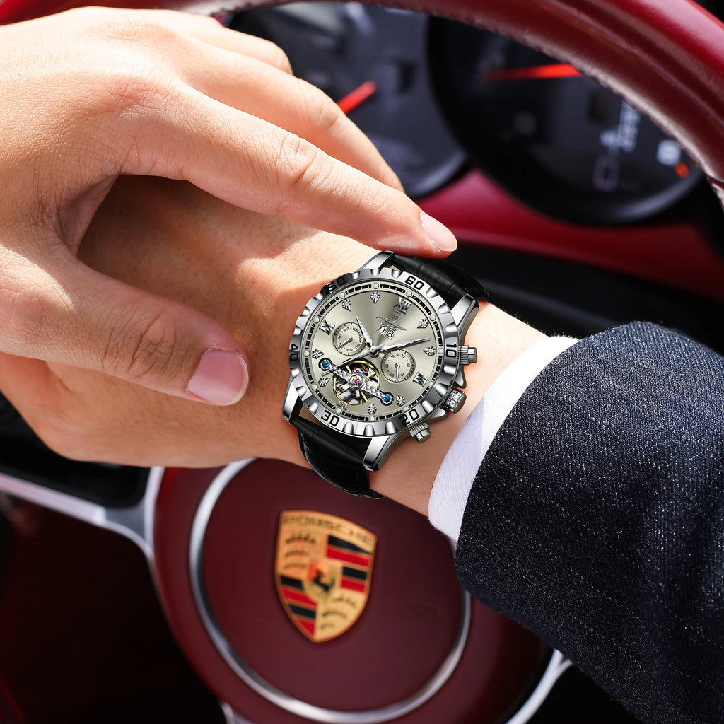 Poedagar 1418 Luxury Automatic Men Wristwatch Leather Hollow Tourbillon Mechanical Watch