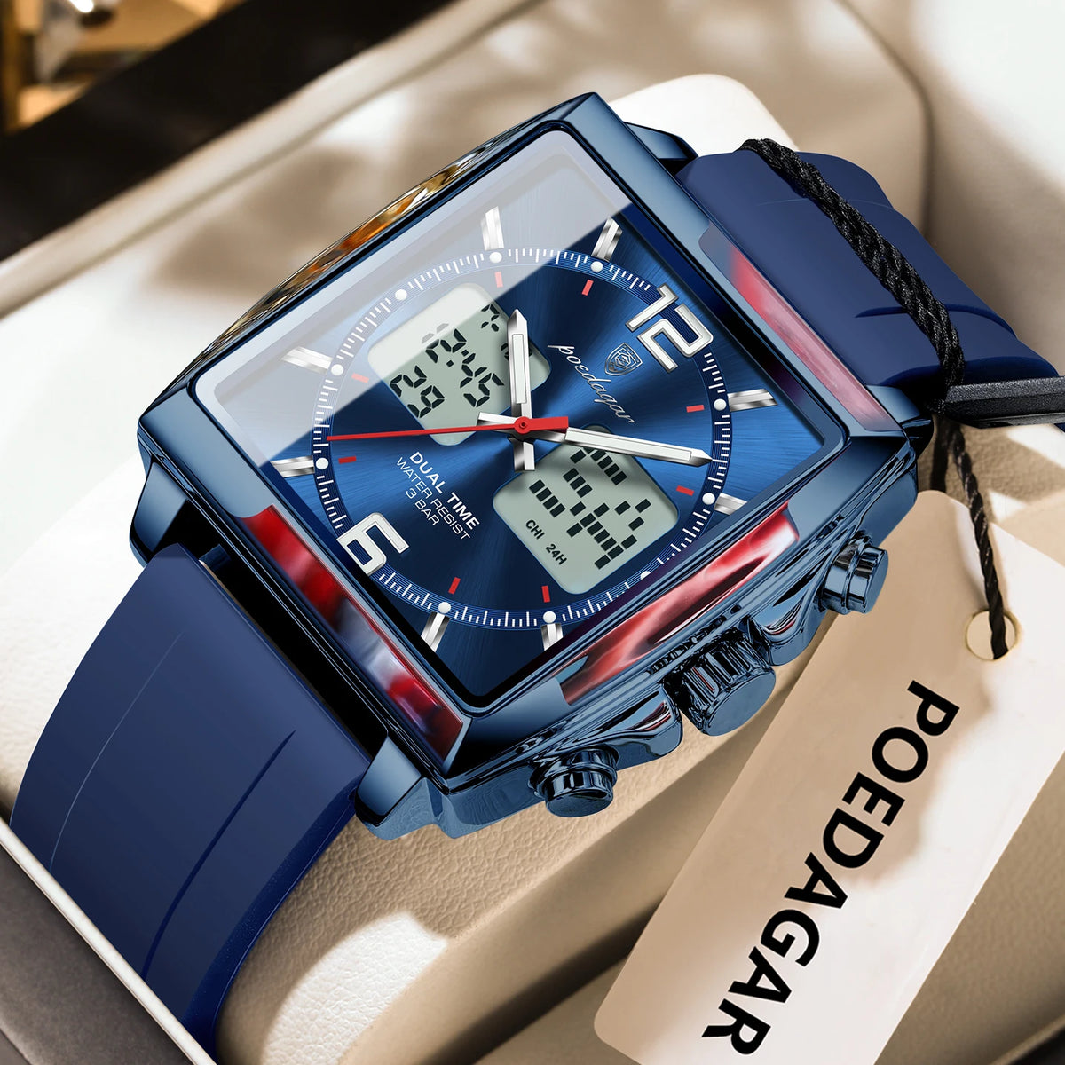 Poedagar E109 Men's Watch Dual Display Multifunctional Chronograph Quartz Silicone Strap Alarm Luminous Waterproof Watch for Men
