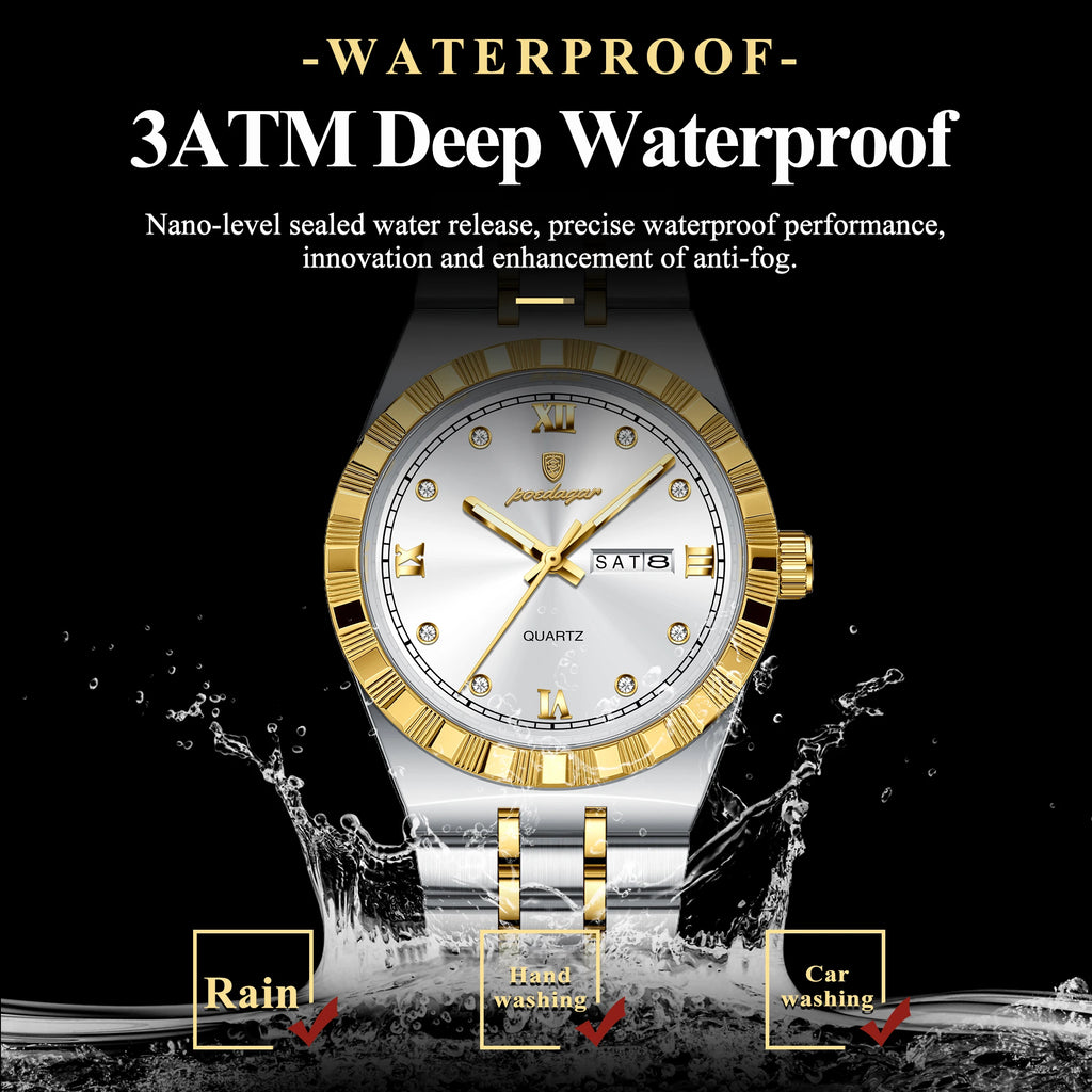 Poedagar 872 Luxury Men's Watch Week Date Waterproof Quartz Watch Luminous Stainless Steel Wristwatch for Men
