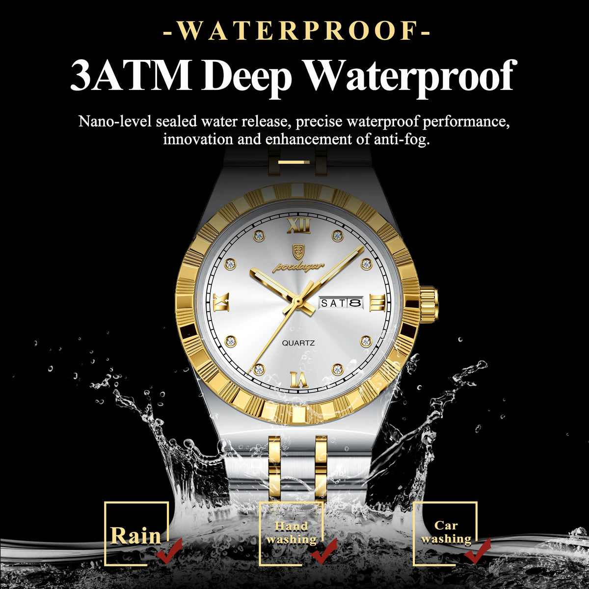Poedagar 872 Luxury Men's Watch Week Date Waterproof Quartz Watch Luminous Stainless Steel Wristwatch for Men