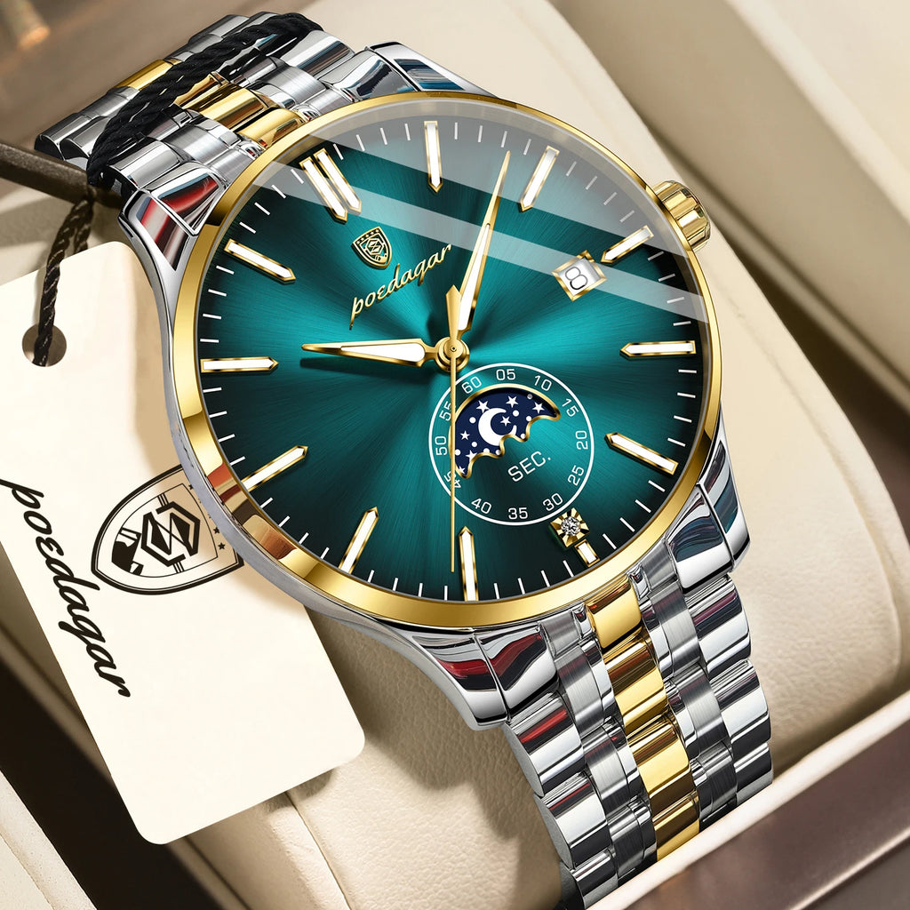 Poedagar 854 Luxury Mens Quartz Watch Stainless Steel Band Moon Phase Calendar Waterproof Business Wristwatch for Men