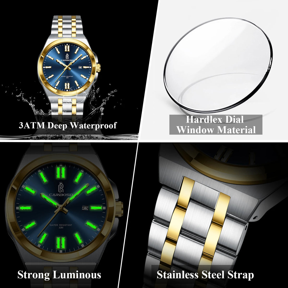 CAREKISO Original Business Waterproof Luminous Men Quartz Watches Stainless Steel Bracelet Watch for Men