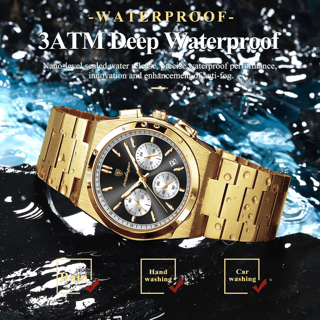 Poedagar 970 Mens Luxury Watch Chronograph Stainless Steel Quartz Wristwatch Luminous Reloj Montre Waterproof Watch for Men