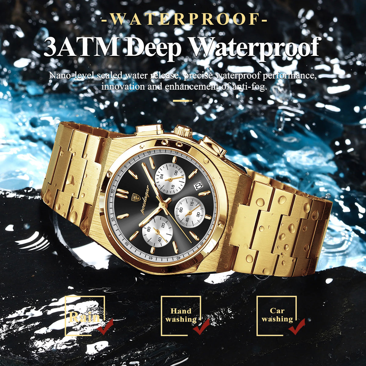 Poedagar 970 Mens Luxury Watch Chronograph Stainless Steel Quartz Wristwatch Luminous Reloj Montre Waterproof Watch for Men