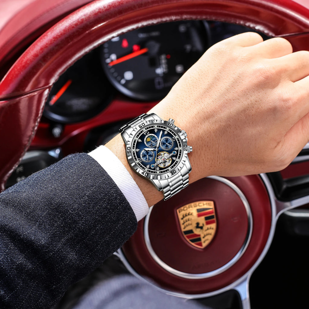 Poedagar 1423 Luxury Hollow Tourbillon Automatic Stainless Steel Band Waterproof Men Mechanical Watch