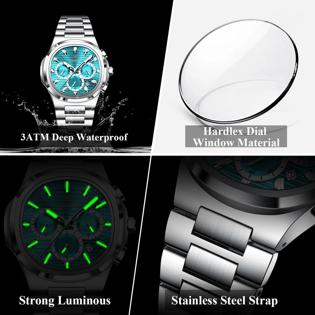 Poedagar 834 Stainless Steel Waterproof Luminous Men Quartz Watch Business Chronograph Watch for Men