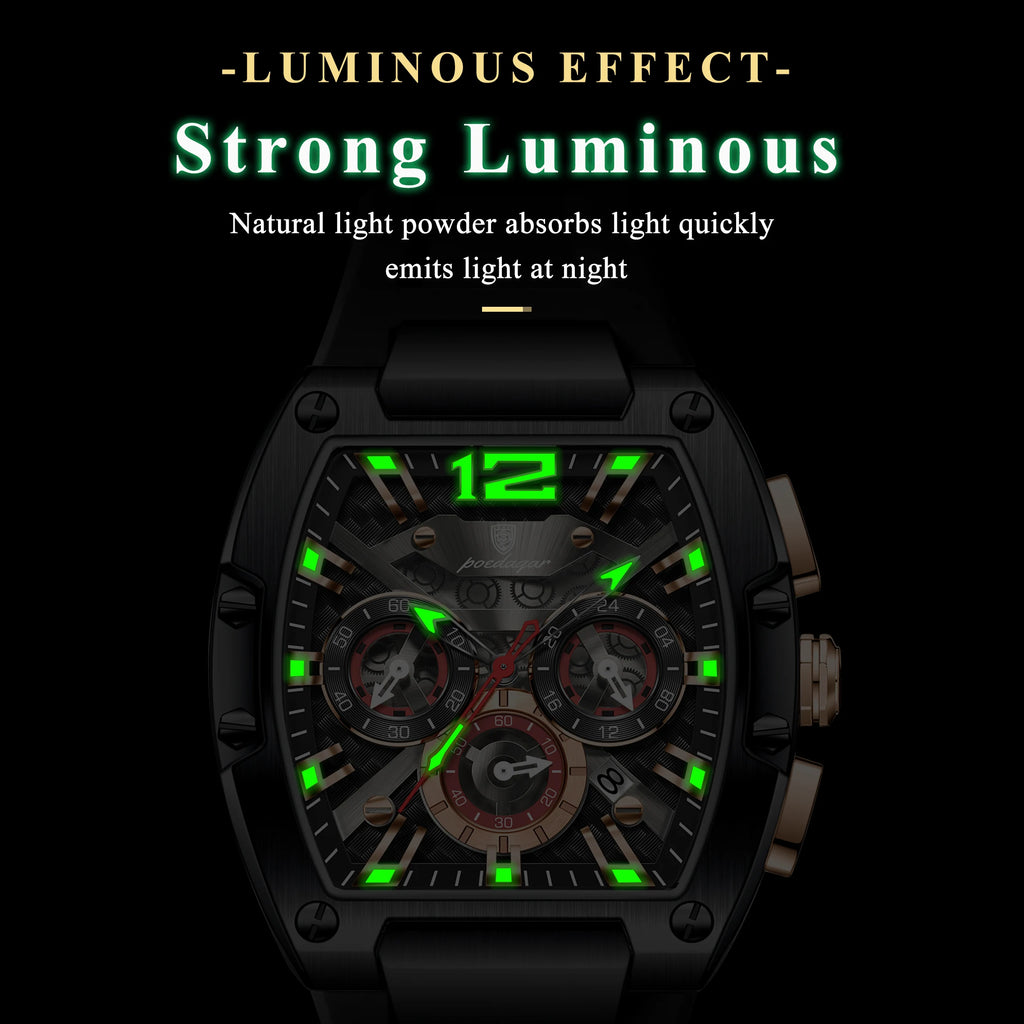 Poedagar 9051 Men's Chronograph Quartz Watches Luxury 43mm Tonneau Case Relogio Silicone Strap Sport Waterproof Watch for Men