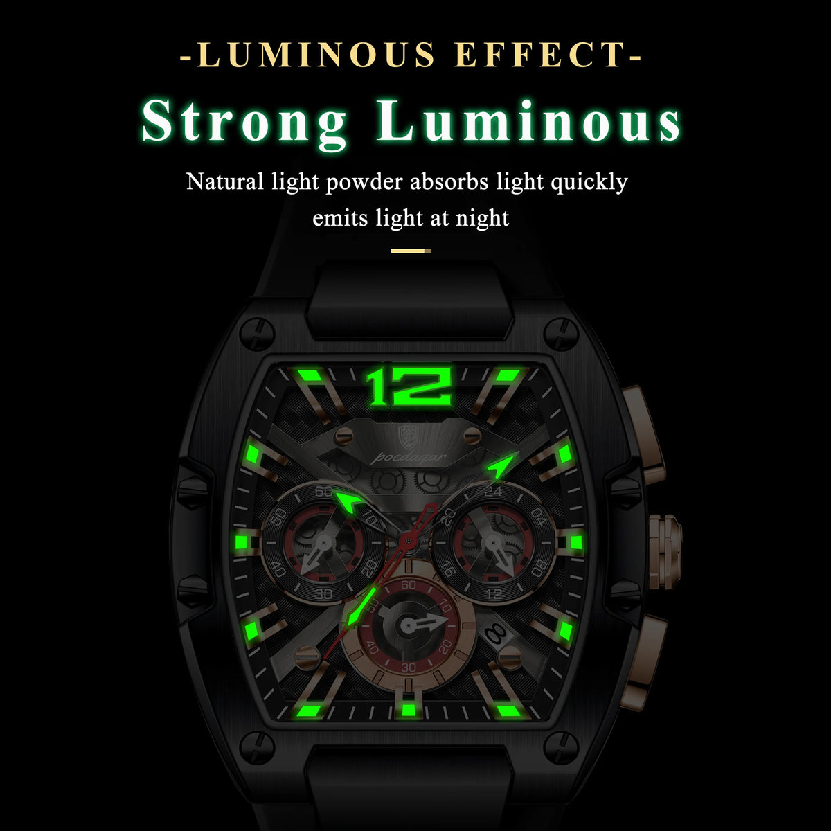 Poedagar 9051 Men's Chronograph Quartz Watches Luxury 43mm Tonneau Case Relogio Silicone Strap Sport Waterproof Watch for Men