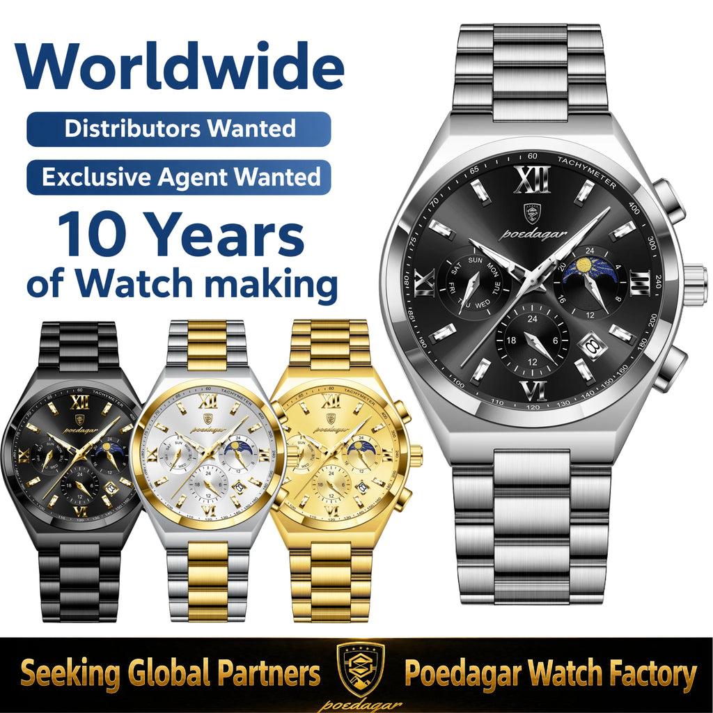 Poedagar 688 Men's Quartz Watch Business Luminous Wristwatch Montre Homme Waterproof Chronograph Stainless Steel Watch for Men