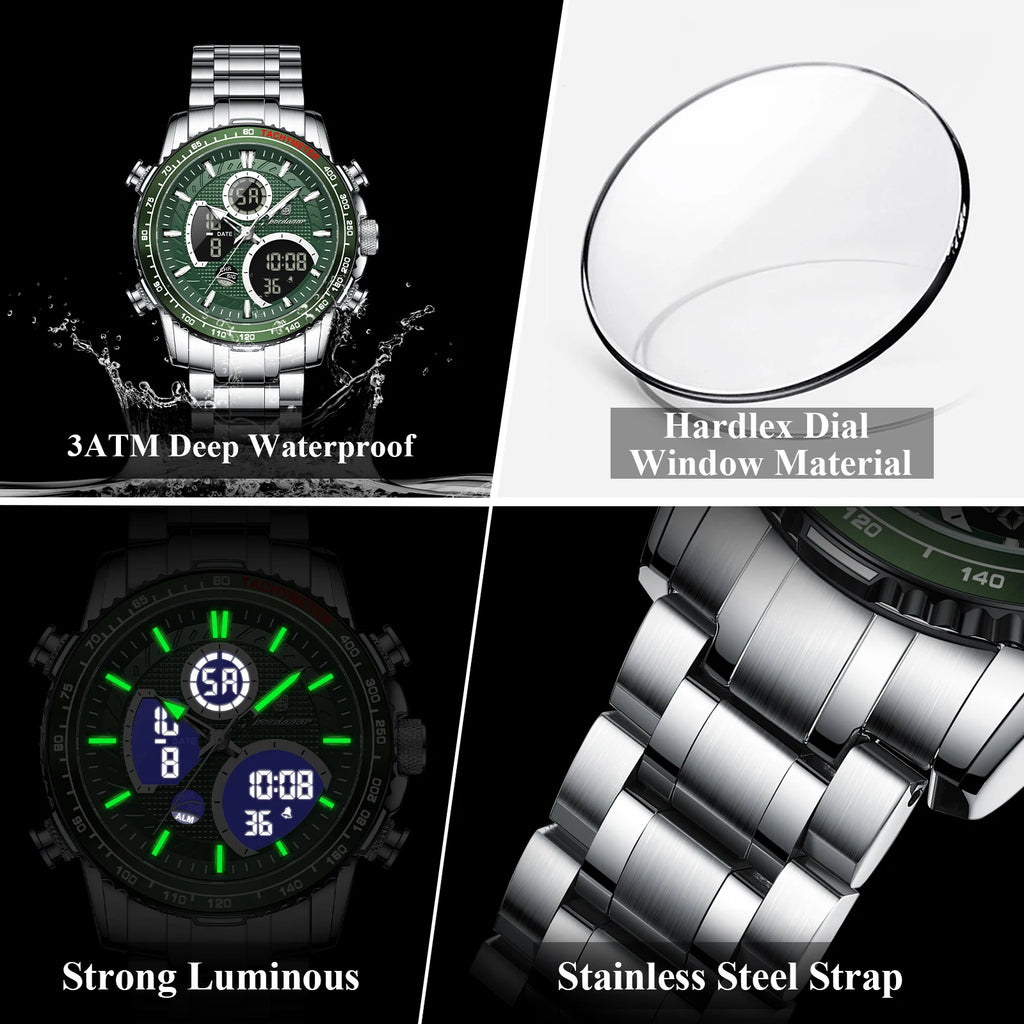 Poedagar E127 Men Watch Dual Display Digital Analog Wristwatch Luminous Waterproof Herrenuhr Sport Stainless Steel Watch for Men
