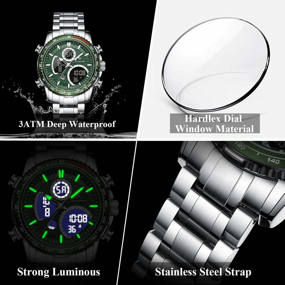 Poedagar E127 Men Watch Dual Display Digital Analog Wristwatch Luminous Waterproof Herrenuhr Sport Stainless Steel Watch for Men