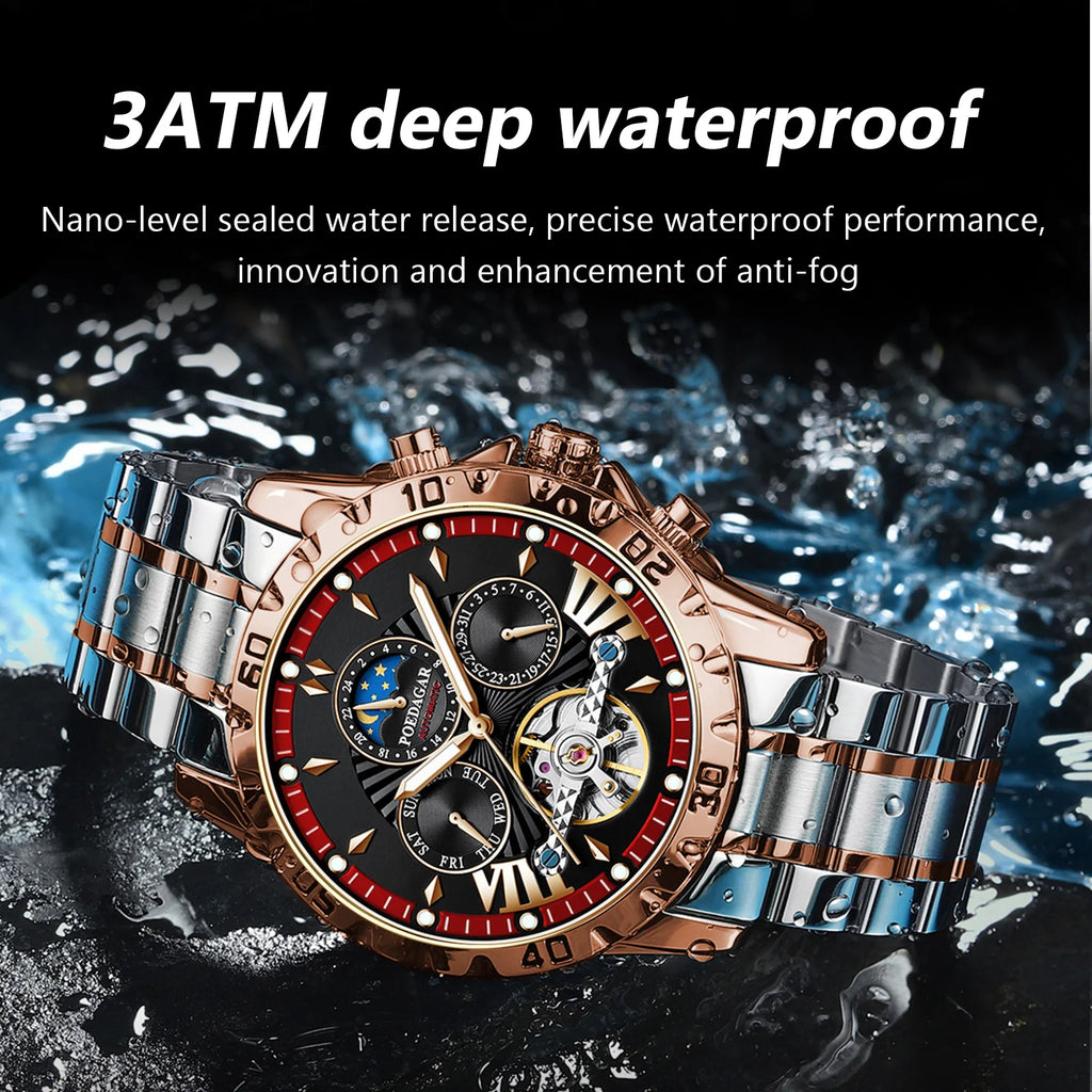 Poedagar 1410 Men's Luxury Hollow Tourbillon Automatic Men Watch Waterproof Luminous Stainless Steel Mechanical Watch