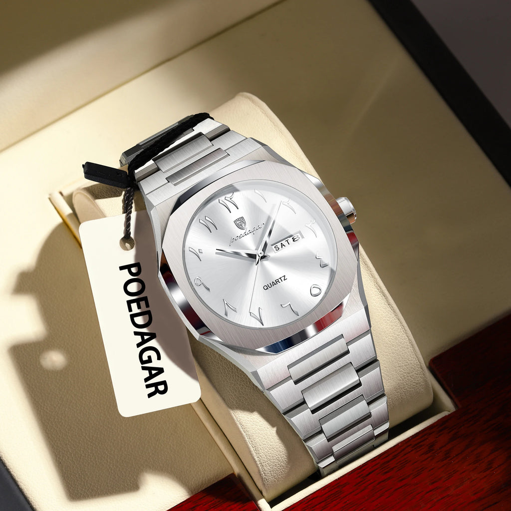 Men's Watch Luxury Poedagar 830 Eastern Arabic Dial Quartz Watches Relogio Stainless Steel Waterproof Watches for Men