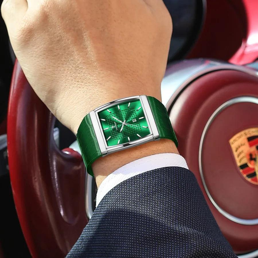 Poedagar 885 Luxury Mens Watch Leather Strap Green Dial Quartz Watches Business Waterproof Wristwatch for Men Factory Direct