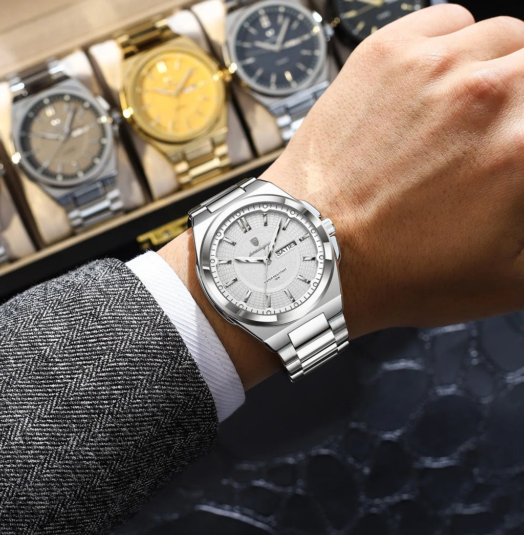 Poedagar 896 Men Watch Luxury Stainless Steel Luminous Reloj Date Week Quartz Watch 3ATM Waterproof Business Wristwatch for Men