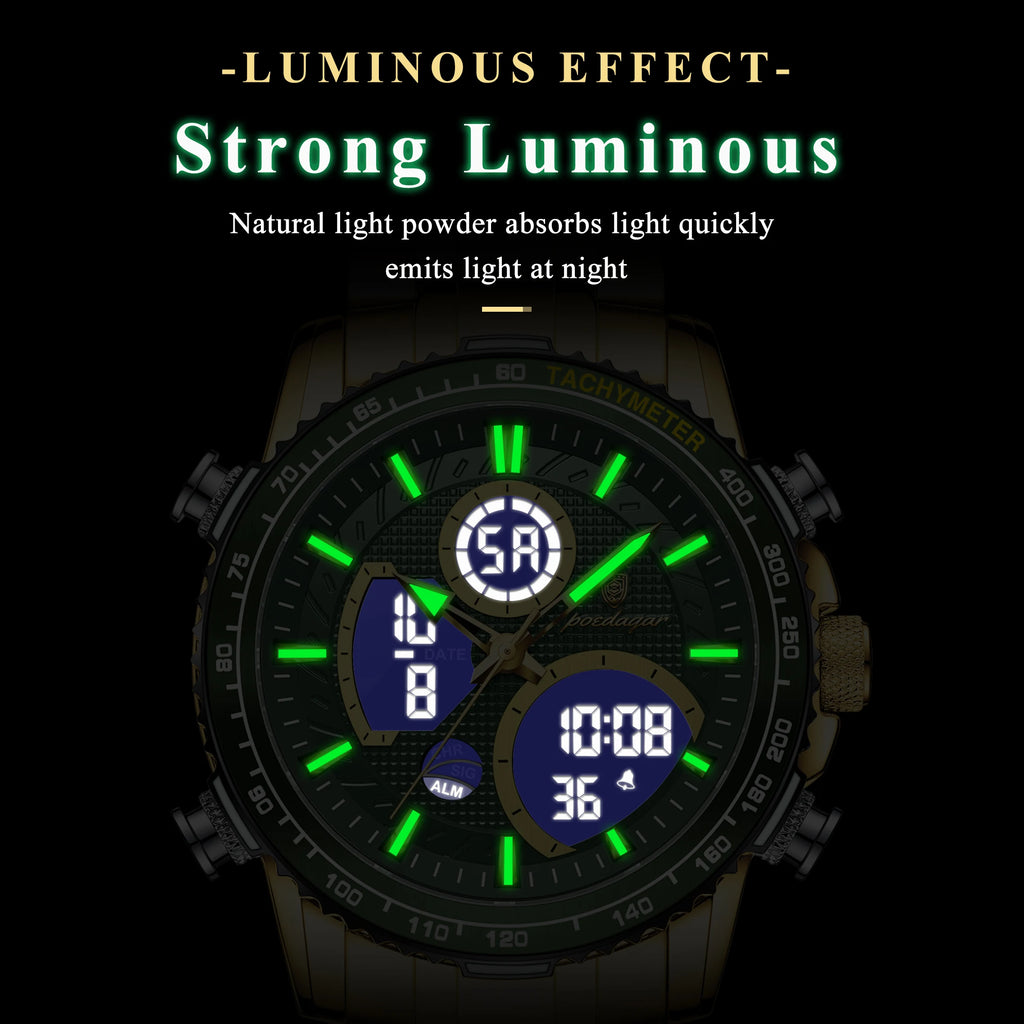 Poedagar E127 Watch for Men Luxury Analog-Digital Watch Dual Display Luminous Waterproof Herrenuhr Stainless Steel Quartz Watch