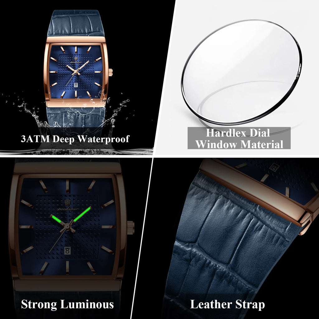 Poedagar 885 Men's Leather Quartz Watch Luminous Date Display Waterproof Luxury Fashion Watch Square Watch for Men