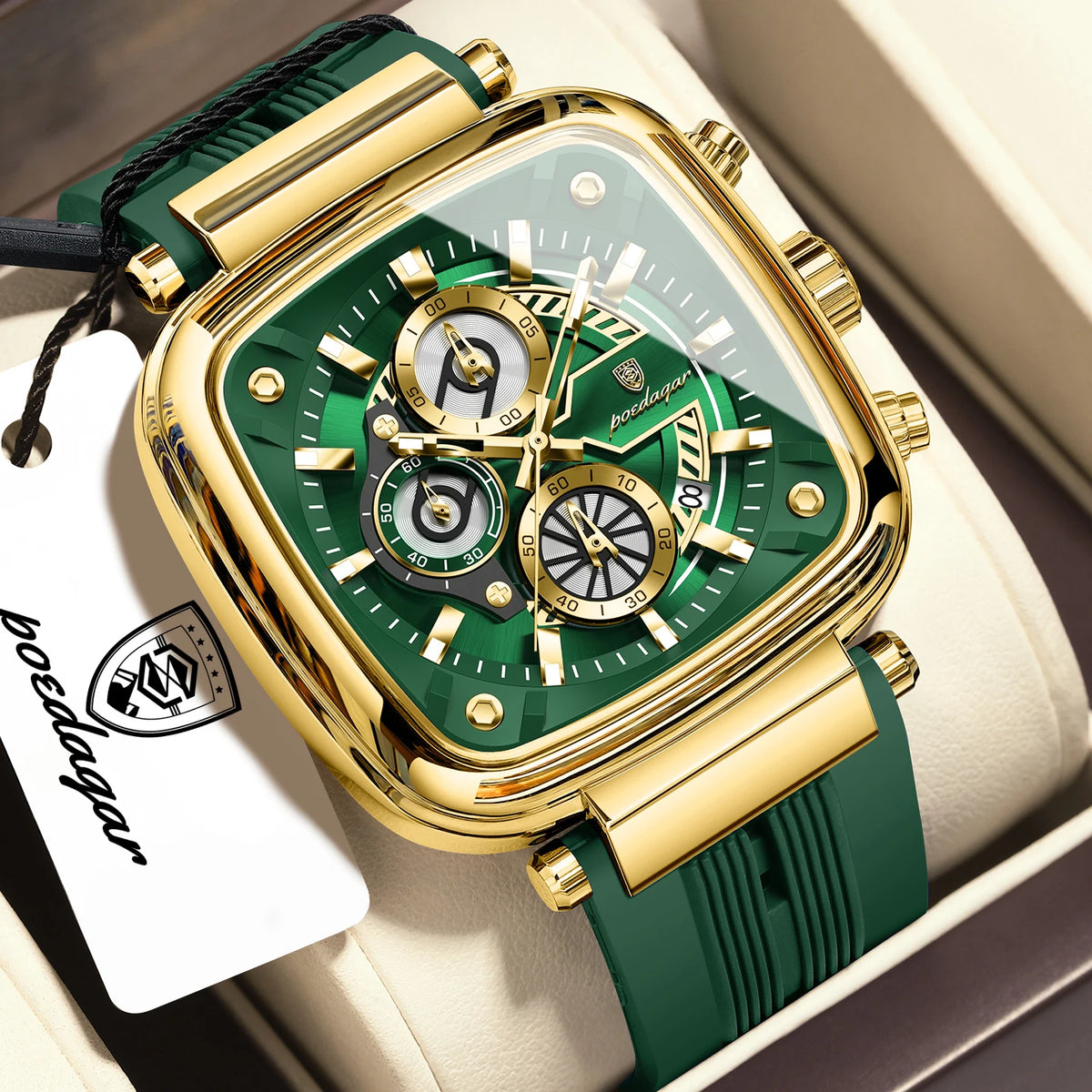 Poedagar 849 Luxury Mens Watch Luminous Waterproof Square Case Chronograph Sport Quartz Wristwatch Silicone Strap Factory Direct