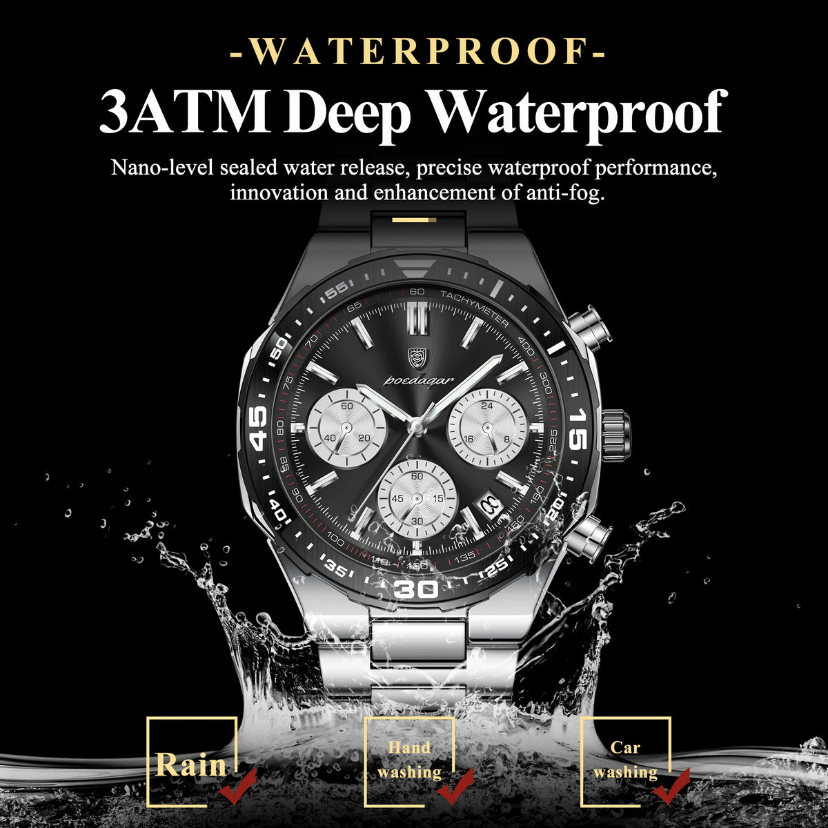 Poedagar 697 Men's Quartz Watch Business Casual Luminous Chronograph Waterproof Wristwatch Stainless Steel Strap Reloj Hombre