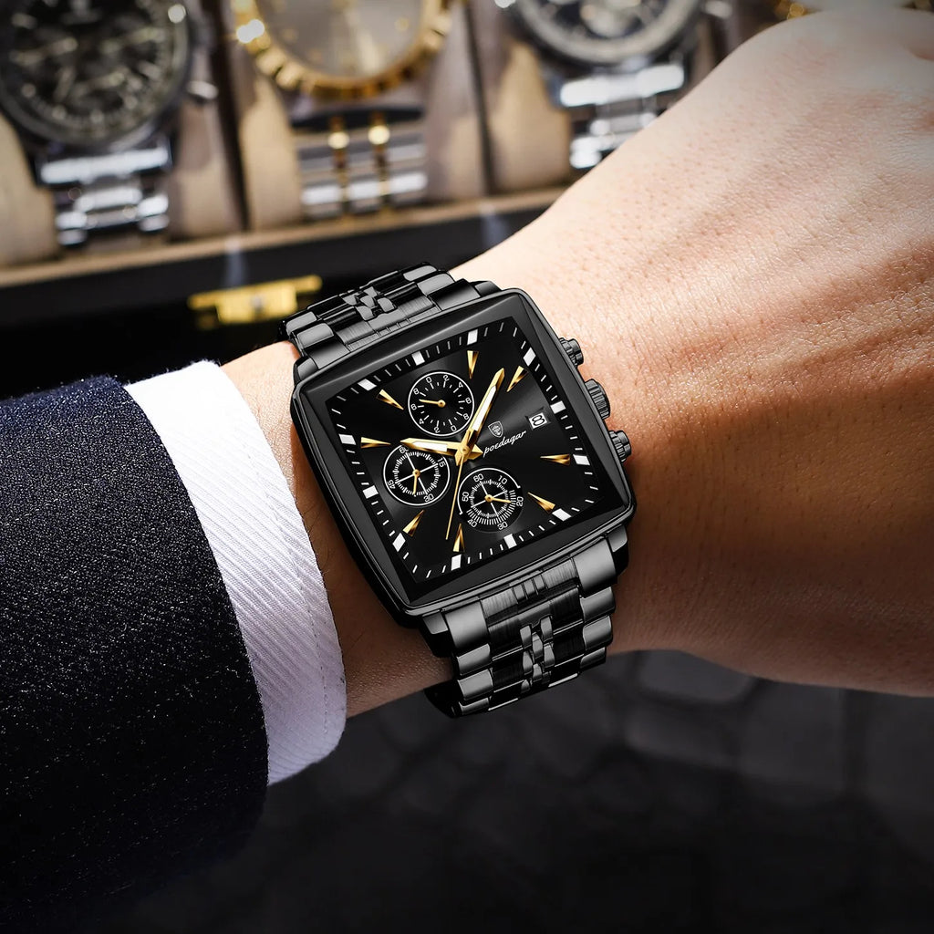 Poedagar 866 Business Sport Men Watch Square Dial 3-Eye Chronograph Stainless Steel Luminous Waterproof Fashion Reloj Wristwatch