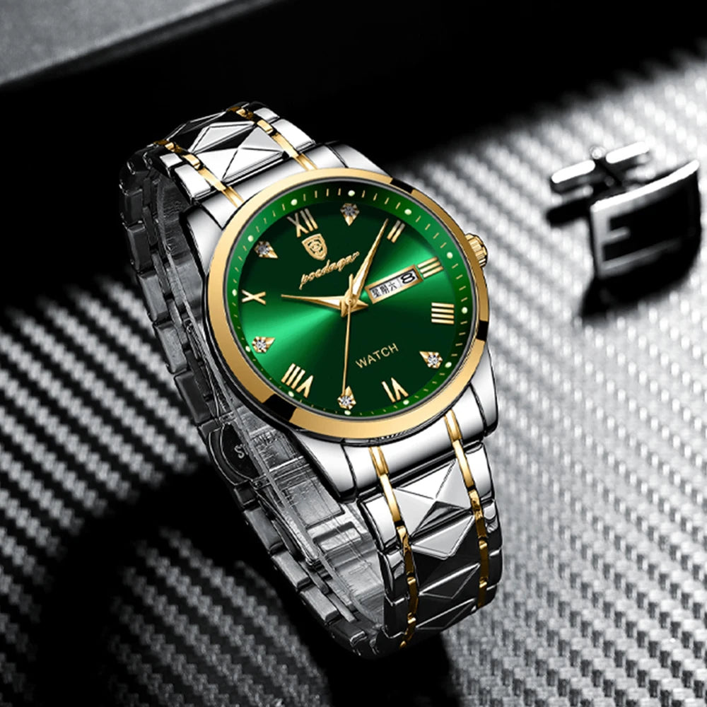 Poedagar Hot Sale Green Dial Men Watch Fashion Stainless Steel Luxury Quartz Watches Luminous Waterproof Watch for Men