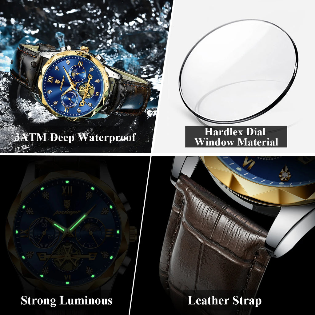 Poedagar Luxury Watch for Men Sports Leather Men's Watches Waterproof Luminous Chronograph Men Quartz Watches