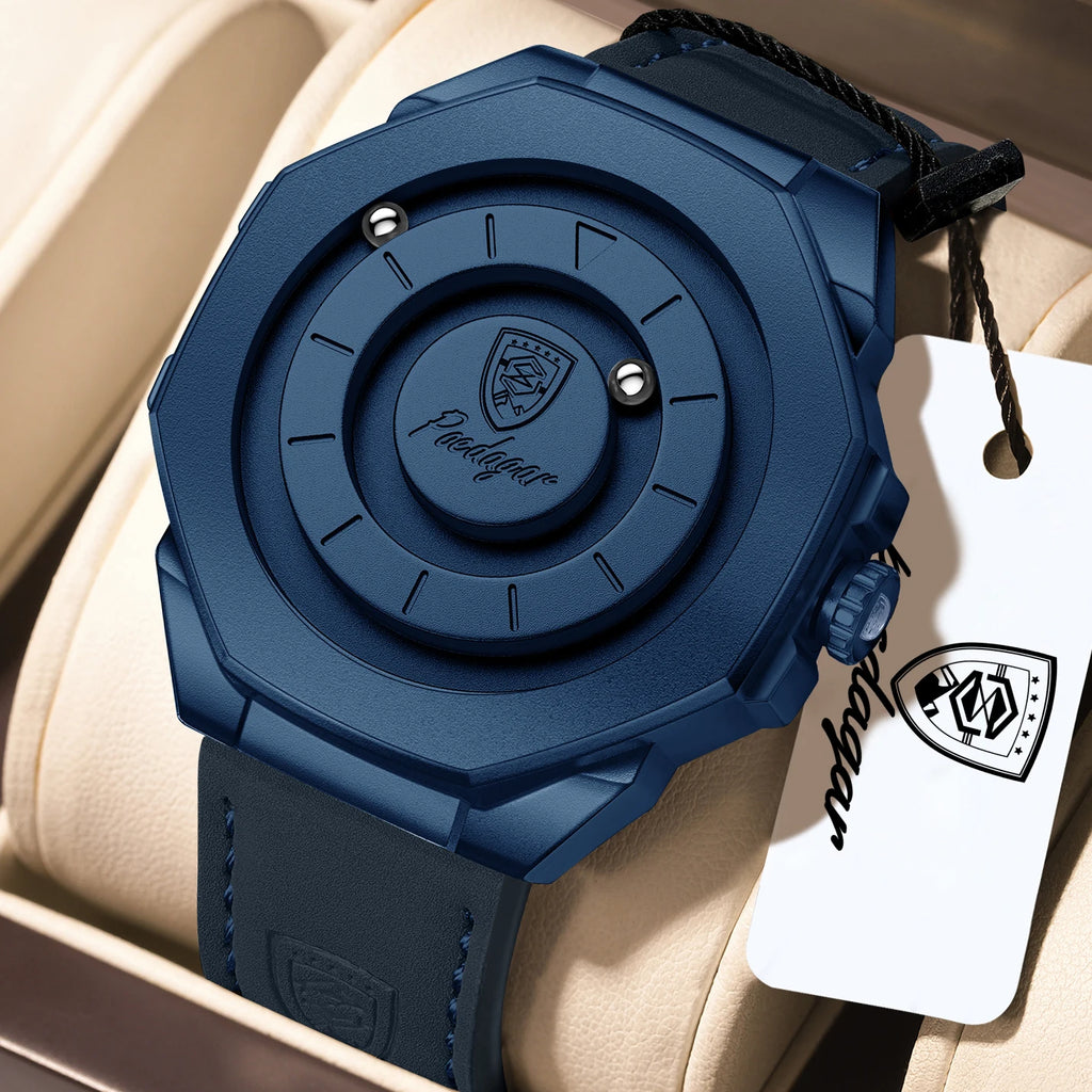 Poedagar 670 Men's Watches Leather Strap Trendy Unique Quartz Watch Magnetic Rotating Montre Waterproof Wristwatch for Men