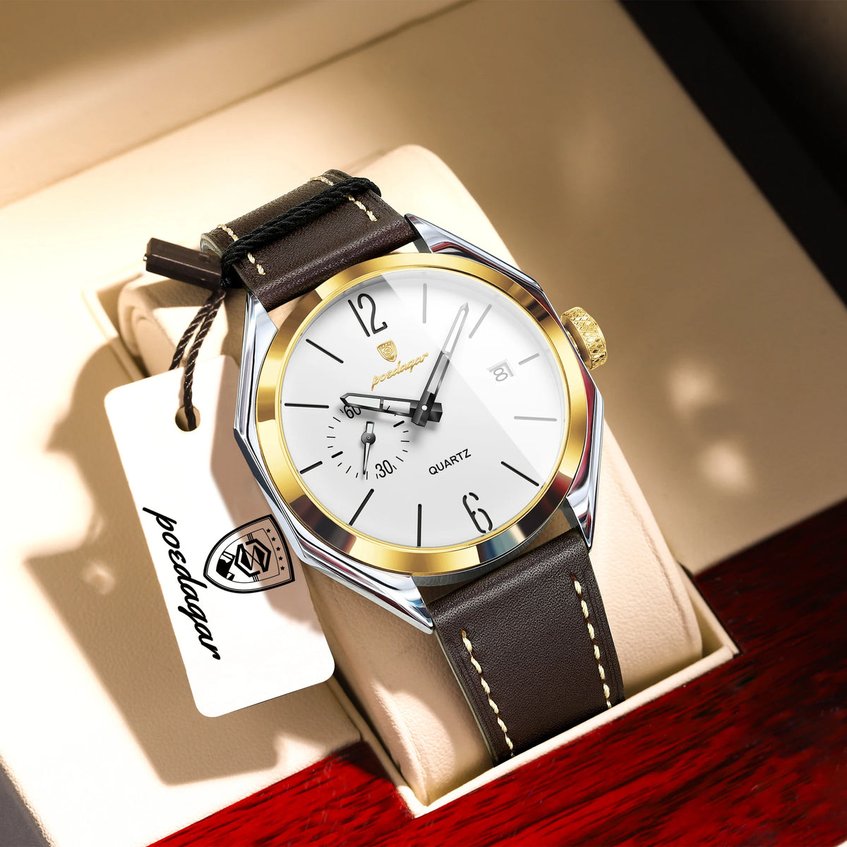 Poedagar 689 Luxury Casual Mens Quartz Watch Geometric Dial Waterproof Leather Strap Fashion Wristwatch Wholesale Factory Direct