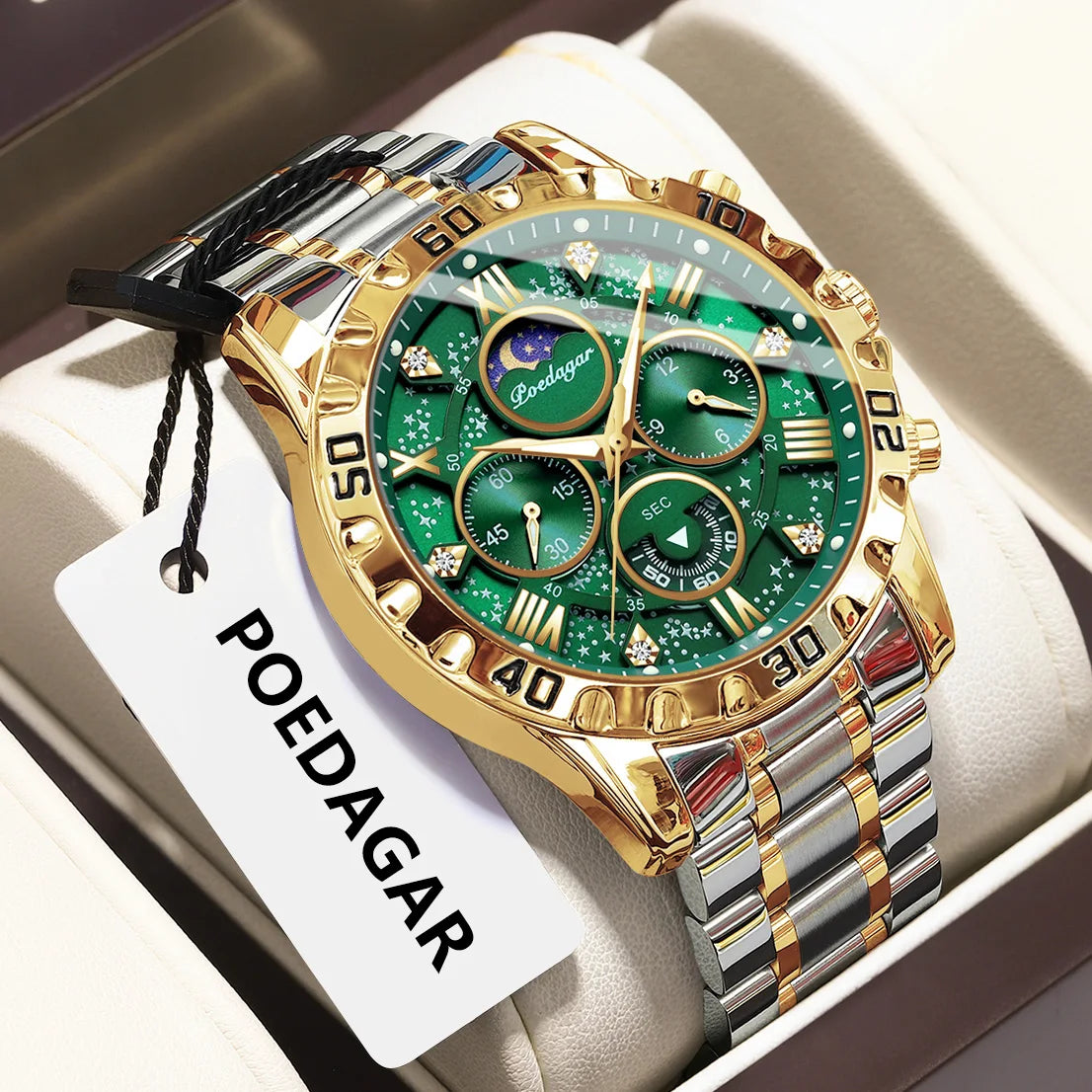 Poedagar 973 Luxury Men Watch Starry Dial Diamond Roman Markers Chronograph Moonphase Steel Band Waterproof Factory Wholesale