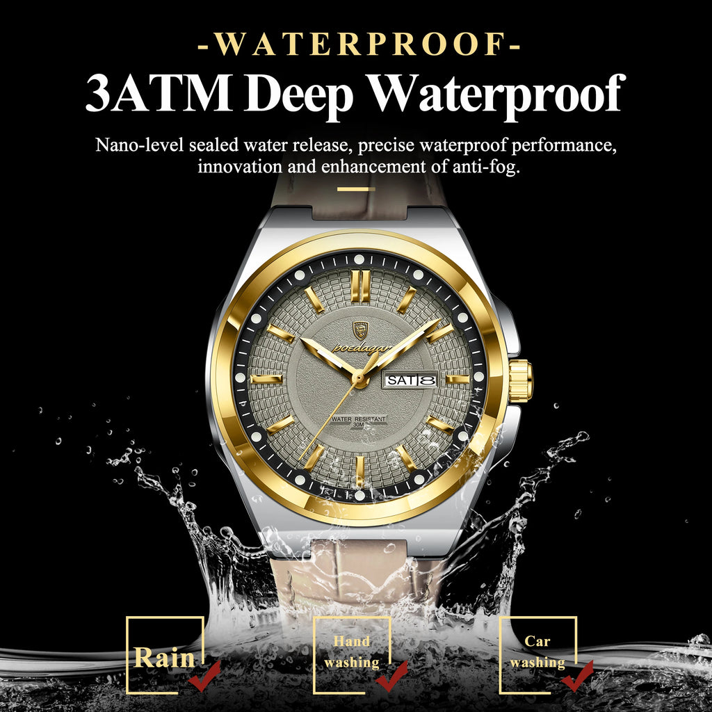 Poedagar 896 Luxury Sports Luminous Quartz Mens Watch Leather Strap Waterproof Watch for Men