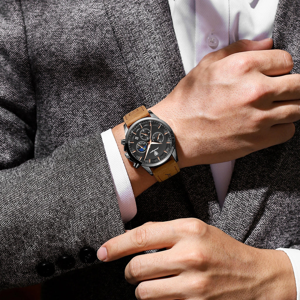 Poedagar 928 Luxury Men Watch Moon Phase Chronograph Relief Dial Leather Strap Luminous Waterproof Business Sport Watch for Men