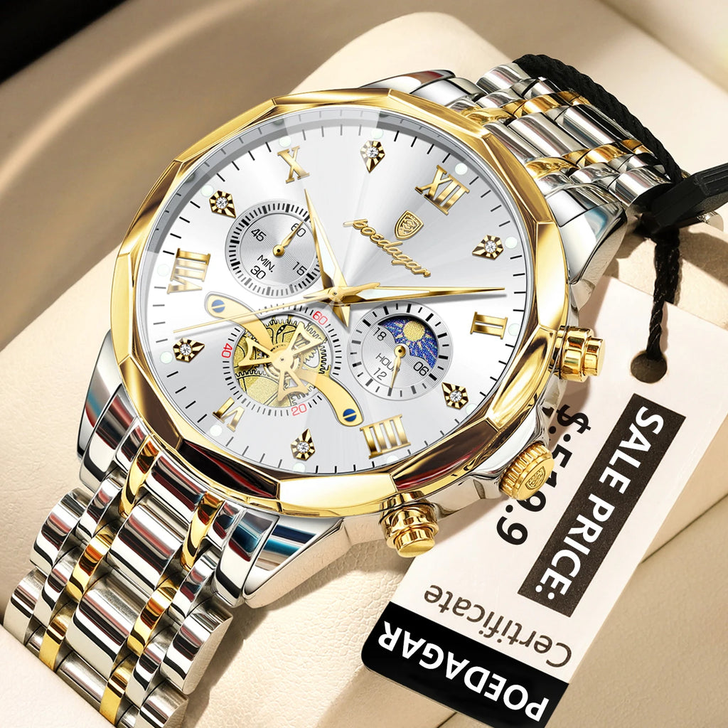 Poedagar 938 Men's Luxury Stainless Steel Chronograph Quartz Watch Waterproof Luminous with 42mm Alloy Dial Watch for Men