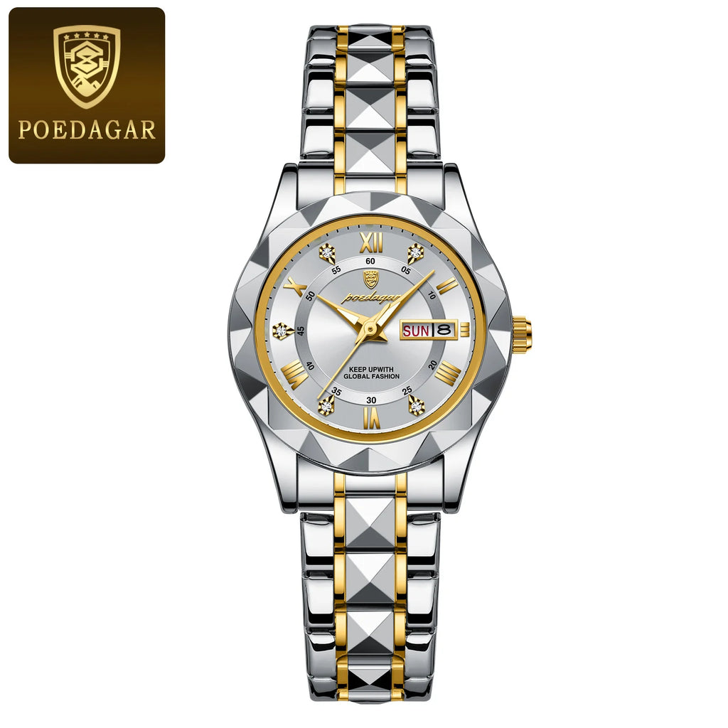 POEDAGAR Luxury Diamond Stainless Steel Montre Femme Waterproof Luminous Quartz Watches Week Date Ladies Watch