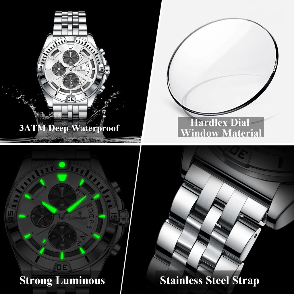 Poedagar 695 Men Luxury Quartz Watches Stainless Steel Hollow Dial Daily Wear Gift Watches Luminous Chronograph Orologio Uomo