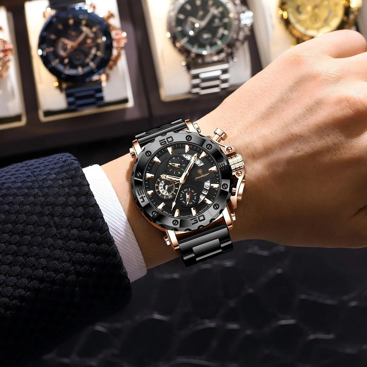 Poedagar Reloj 892 Men Luxury Stainless Steel Bracelet Waterproof Luminous Chronograph Watch