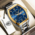 Poedagar 958 Men's Quartz Watch Luxury Tonneau Case Date Week Stainless Steel Wristwatch Waterproof Luminous Watch for Men