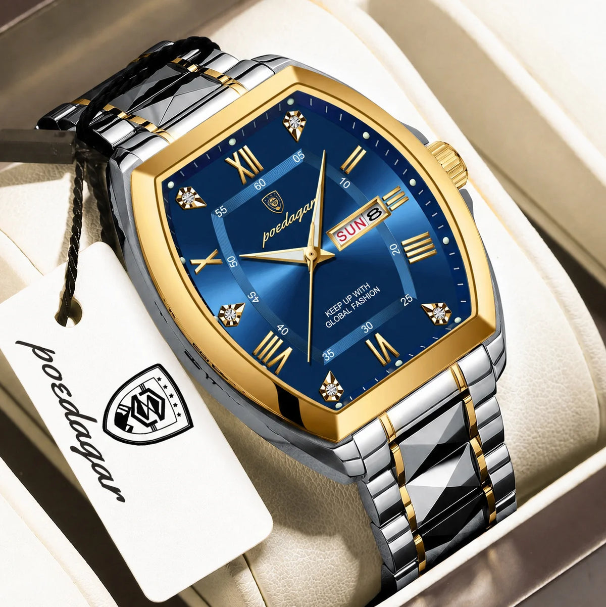 Poedagar 958 Men's Quartz Watch Luxury Tonneau Case Date Week Stainless Steel Wristwatch Waterproof Luminous Watch for Men