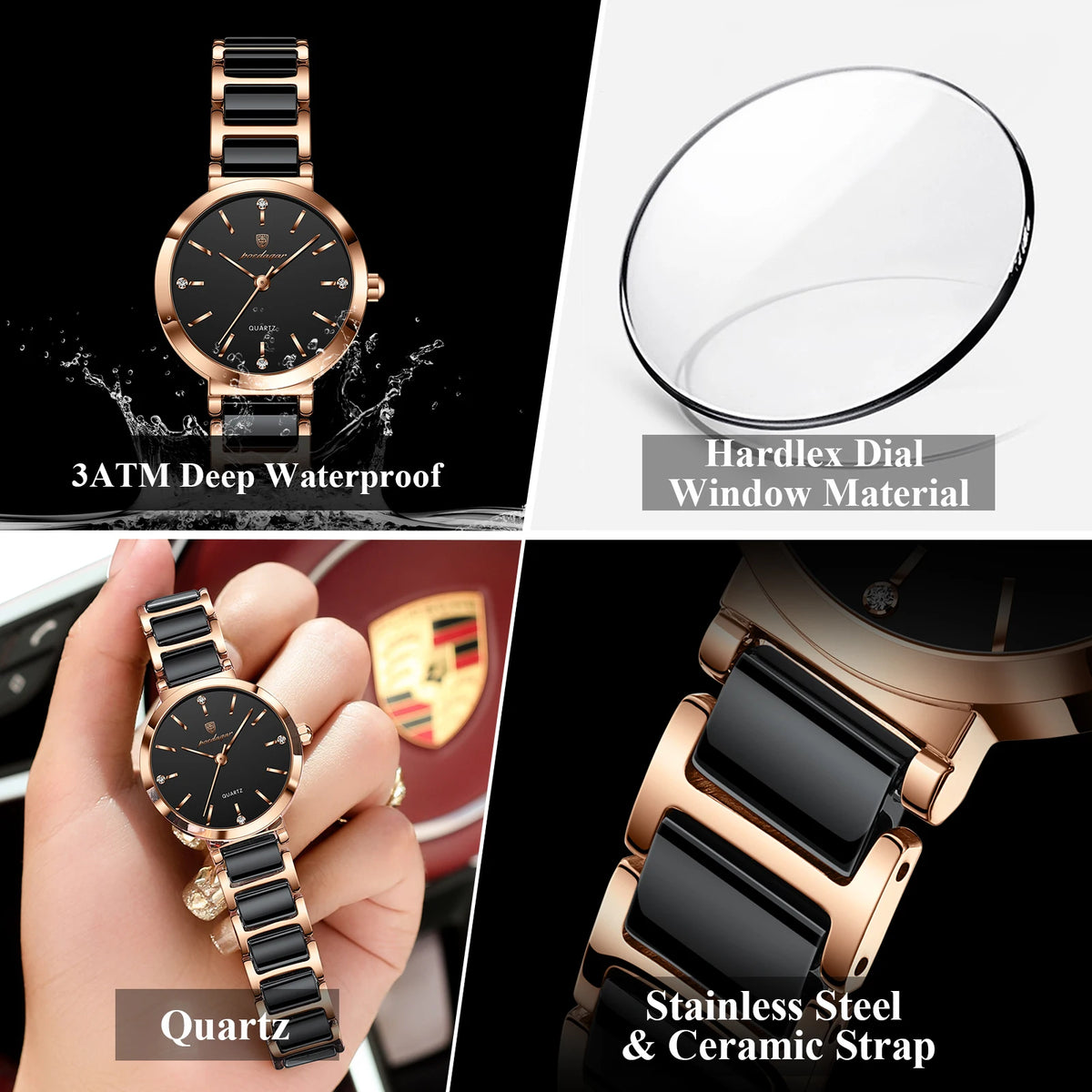 Poedagar 505 Elegant Rose Case Stainless Steel Bracelet 30M Waterproof Analog Quartz Watch for Women