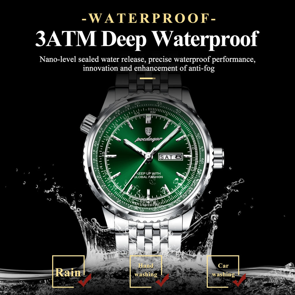 Poedagar 673 Luxury Business Solid Stainless Steel Strap Quartz Watch Waterproof Luminous Double Calendar Watch for Men