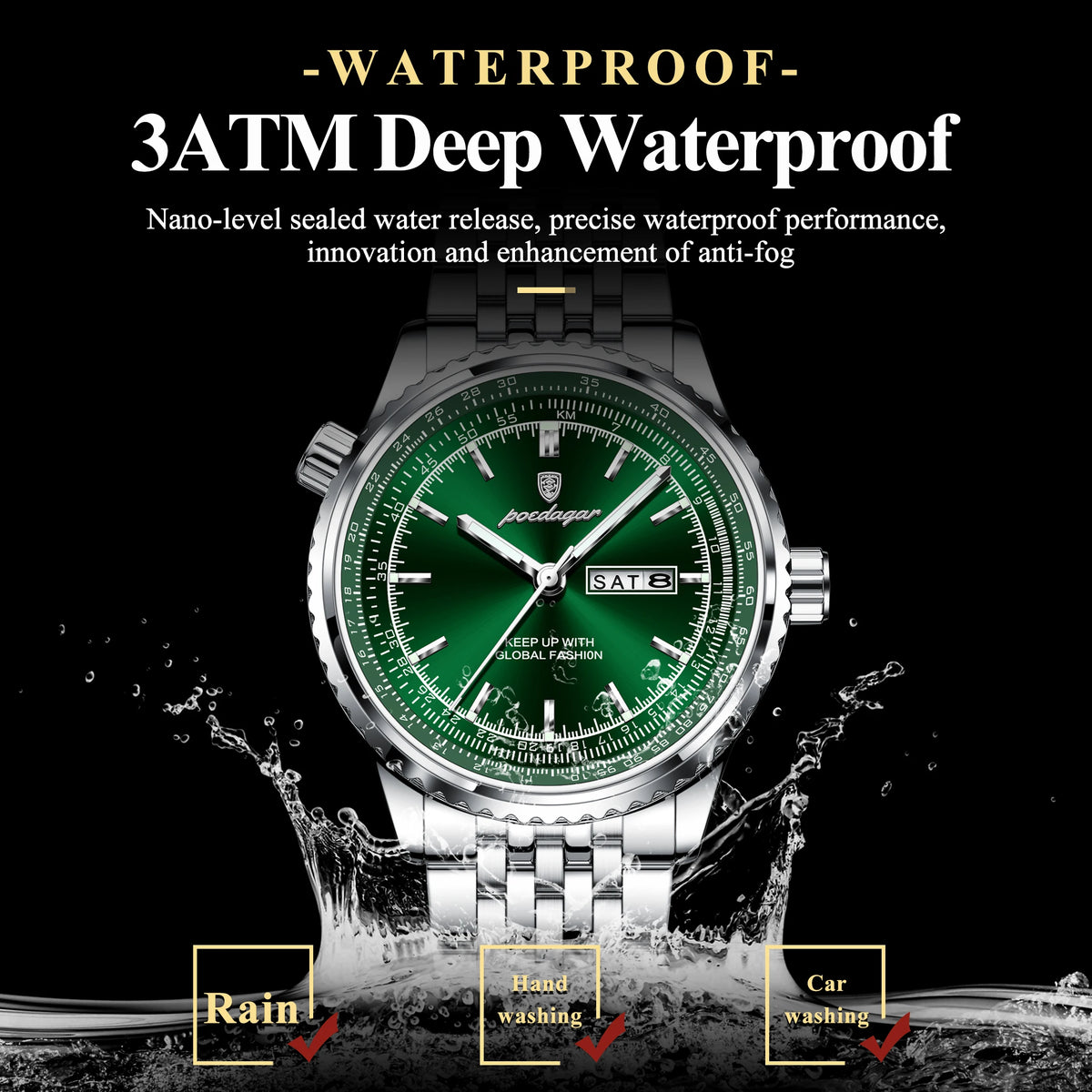 Poedagar 673 Luxury Business Solid Stainless Steel Strap Quartz Watch Waterproof Luminous Double Calendar Watch for Men