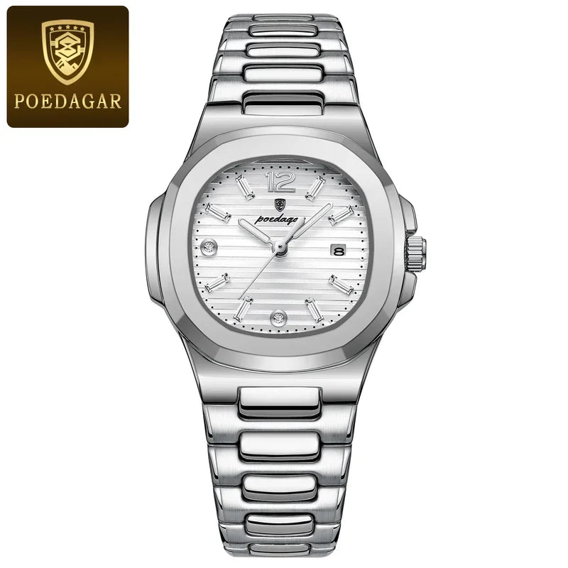 Poedagar Factory Wholesale Montre Female Square Stainless Steel Ladies Quartz Watches Waterproof Luminous Date Watch for Women
