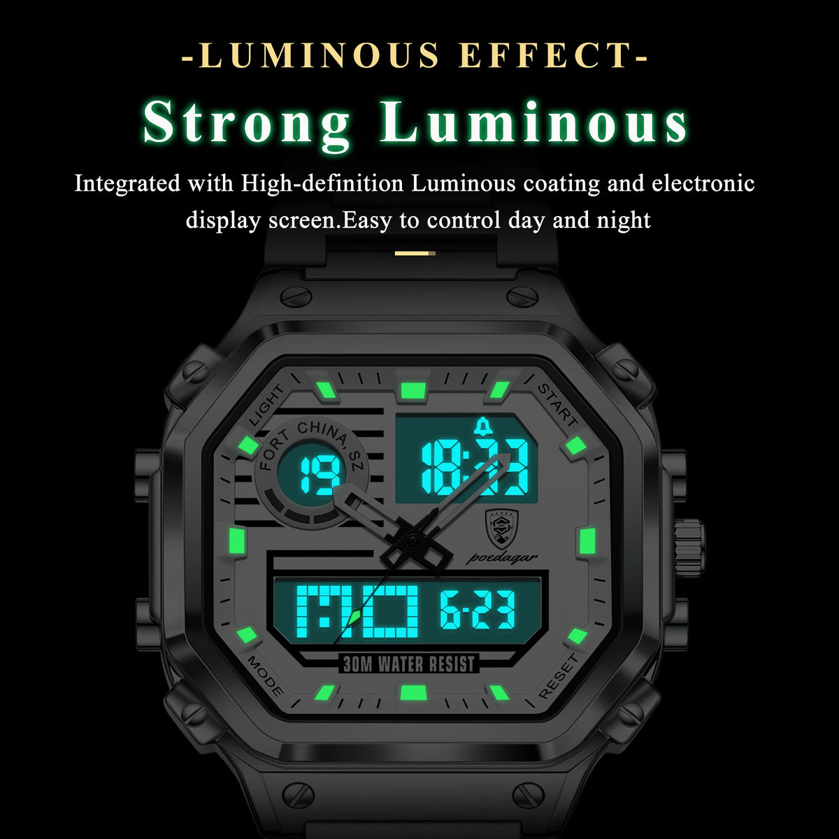 Poedagar 993 Men's Multi-function Watch Dual Display Analog-Digital Quartz Watches LED Night Light Waterproof Watch for Men