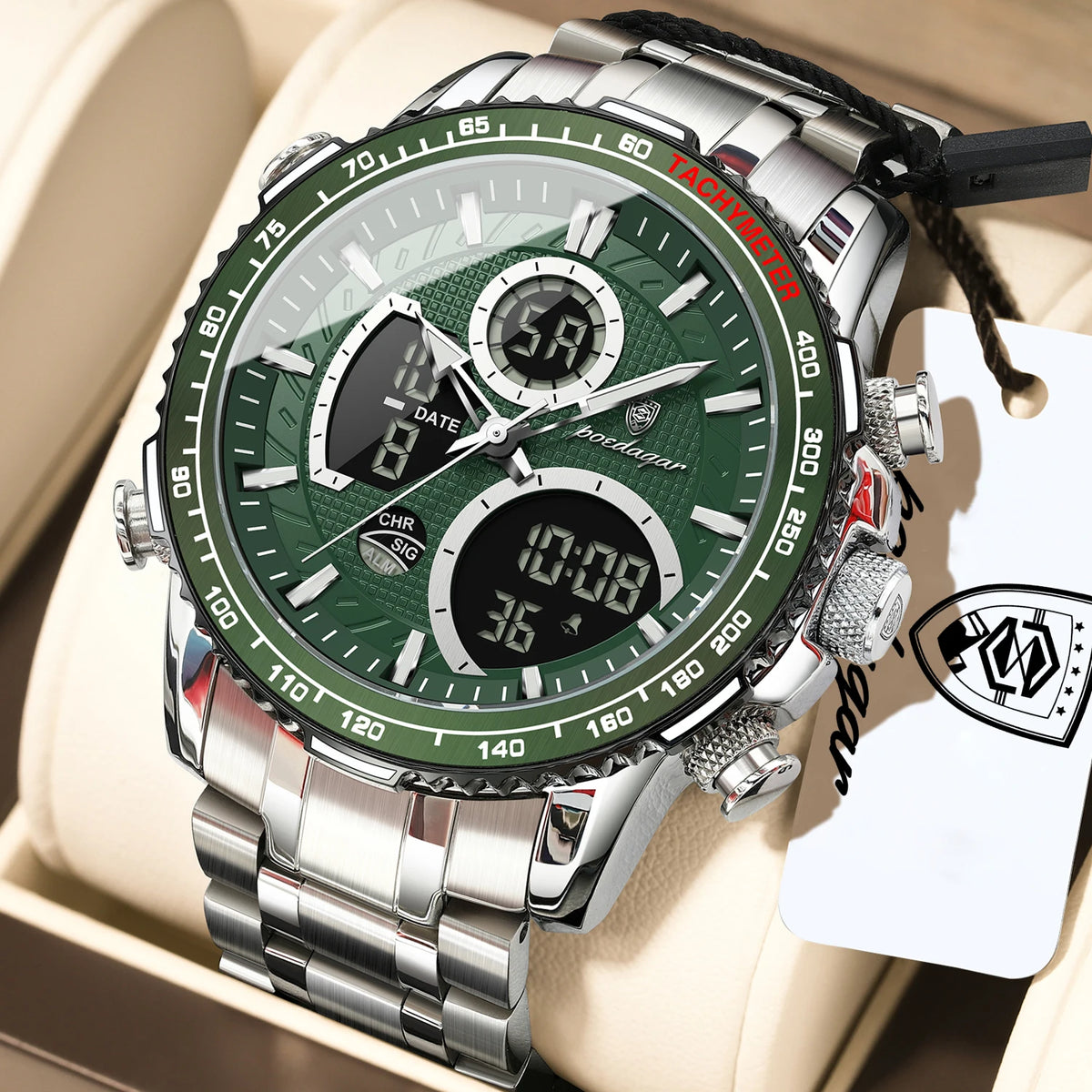 Poedagar E127 Men Watch Dual Display Digital Analog Wristwatch Luminous Waterproof Herrenuhr Sport Stainless Steel Watch for Men